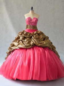 Romantic Sleeveless Organza Floor Length Lace Up Quinceanera Dress in Coral Red with Beading and Pick Ups