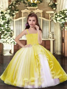 High End Yellow Little Girls Pageant Dress Party and Sweet 16 and Wedding Party with Beading Straps Sleeveless Lace Up