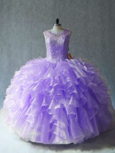 High End Lavender Sleeveless Floor Length Beading and Ruffles Lace Up Sweet 16 Quinceanera Dress