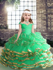 Apple Green Straps Lace Up Beading and Ruffles Child Pageant Dress Sleeveless
