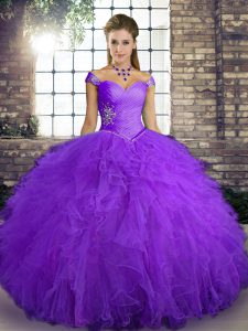 Purple Tulle Lace Up Quince Ball Gowns Sleeveless Floor Length Beading and Ruffles