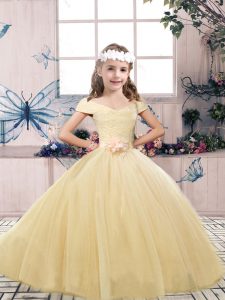 Classical Tulle Off The Shoulder Sleeveless Lace Up Lace and Belt Pageant Gowns For Girls in Champagne