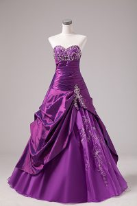 Modest Floor Length Eggplant Purple Vestidos de Quinceanera Organza Sleeveless Embroidery