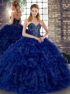 Superior Beading and Ruffles Quinceanera Gown Royal Blue Lace Up Sleeveless Floor Length