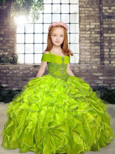 Straps Sleeveless Lace Up Kids Formal Wear Olive Green Organza