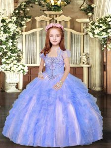 Blue And White Tulle Lace Up Little Girls Pageant Gowns Sleeveless Floor Length Beading and Ruffles
