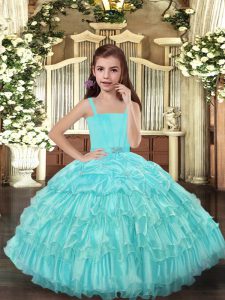 Discount Floor Length Ball Gowns Sleeveless Aqua Blue Child Pageant Dress Lace Up