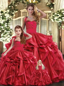 Ball Gowns Quinceanera Gowns Red Straps Organza Sleeveless Floor Length Lace Up