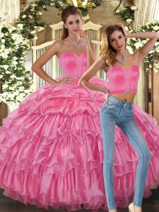 Pink Sleeveless Asymmetrical Beading and Ruffles and Pick Ups Lace Up Quince Ball Gowns