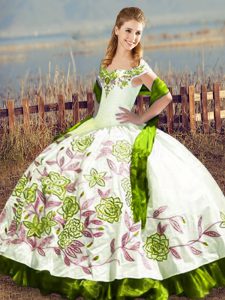 Dramatic Floor Length Olive Green Sweet 16 Dresses Satin Sleeveless Embroidery