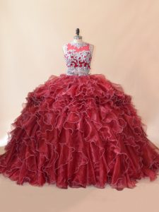 Most Popular Scoop Sleeveless Quinceanera Dress Brush Train Beading and Lace and Appliques Red Organza