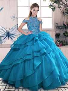 Floor Length Blue Quinceanera Dresses Organza Sleeveless Beading and Ruffled Layers