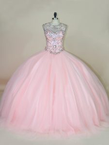 Baby Pink Tulle Lace Up Scoop Sleeveless Quinceanera Gowns Beading