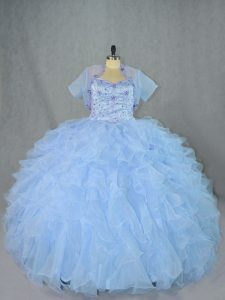 Comfortable Sweetheart Sleeveless Vestidos de Quinceanera Floor Length Beading and Ruffles Blue Organza