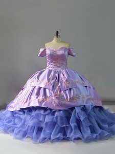 Hot Selling Lavender Lace Up Sweet 16 Dresses Embroidery and Ruffles Sleeveless Chapel Train