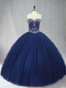 Beading Quince Ball Gowns Navy Blue Lace Up Sleeveless Floor Length