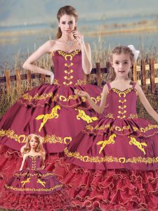 Burgundy Sweetheart Neckline Embroidery and Ruffled Layers Quinceanera Gown Sleeveless Zipper
