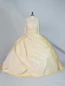 Glamorous Yellow Taffeta Lace Up High-neck Long Sleeves Sweet 16 Dresses Brush Train Lace