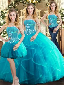 Aqua Blue Ball Gowns Tulle Strapless Sleeveless Beading and Ruffles Floor Length Lace Up Quinceanera Gowns