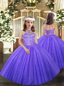 Halter Top Sleeveless Lace Up Kids Pageant Dress Lavender Tulle