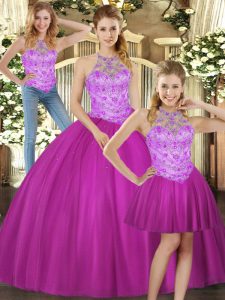 Simple Tulle Sleeveless Floor Length Vestidos de Quinceanera and Beading