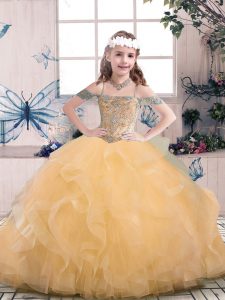 Gorgeous Peach Off The Shoulder Lace Up Beading Pageant Gowns Sleeveless