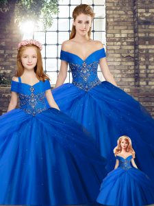 Flare Royal Blue Quinceanera Gown Tulle Brush Train Sleeveless Beading and Pick Ups