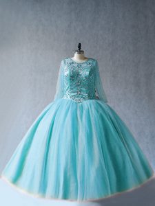 Aqua Blue 15 Quinceanera Dress Sweet 16 and Quinceanera with Beading Scoop Long Sleeves Lace Up