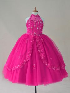 Simple Floor Length Fuchsia Little Girls Pageant Dress Wholesale Tulle Sleeveless Beading and Appliques