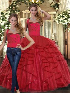 Hot Selling Straps Sleeveless 15 Quinceanera Dress Floor Length Ruffles Red Tulle