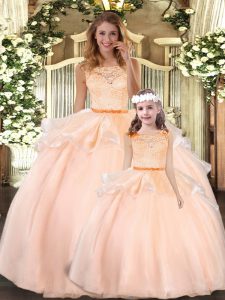 Cheap Scoop Sleeveless Zipper 15th Birthday Dress Peach Organza