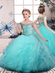 Latest Off The Shoulder Sleeveless Tulle Little Girls Pageant Dress Beading and Ruffles Lace Up