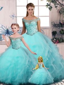 Sleeveless Floor Length Embroidery and Ruffles Lace Up Sweet 16 Quinceanera Dress with Aqua Blue