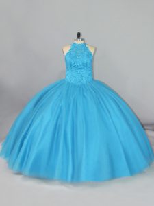 Sleeveless Beading and Lace Lace Up Quince Ball Gowns with Aqua Blue Brush Train