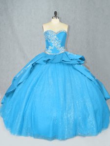 Baby Blue Quinceanera Dresses Satin and Tulle Court Train Sleeveless Embroidery