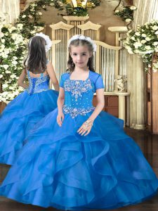 Ball Gowns Little Girls Pageant Gowns Blue Straps Tulle Sleeveless Floor Length Lace Up