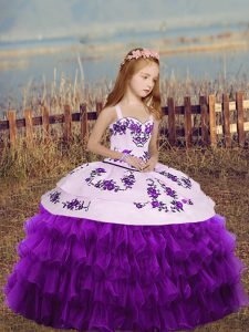 Eggplant Purple Organza Lace Up Straps Sleeveless Floor Length Little Girls Pageant Dress Wholesale Embroidery and Ruffled Layers
