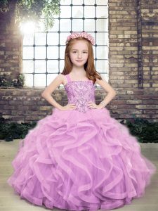 Floor Length Lavender Little Girl Pageant Gowns Straps Sleeveless Lace Up
