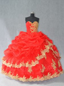 Red Lace Up Sweetheart Lace and Appliques and Pick Ups Sweet 16 Dress Organza Sleeveless