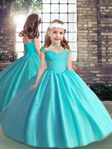 Baby Blue Straps Neckline Beading and Ruching Kids Pageant Dress Sleeveless Lace Up