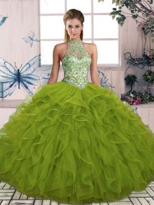 Hot Sale Beading and Ruffles Ball Gown Prom Dress Olive Green Lace Up Sleeveless Floor Length