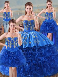 Royal Blue Ball Gowns Embroidery and Ruffles Quince Ball Gowns Lace Up Fabric With Rolling Flowers Sleeveless Floor Length