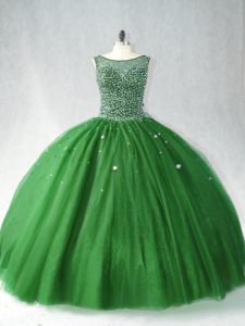 Elegant Dark Green Quinceanera Dress Sweet 16 and Quinceanera with Beading Scoop Sleeveless Brush Train Zipper