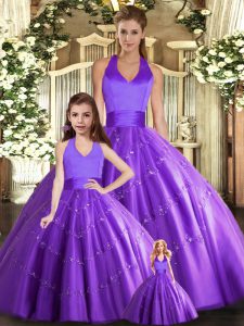 Purple Tulle Lace Up Ball Gown Prom Dress Sleeveless Floor Length Beading