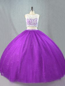 Simple Two Pieces Ball Gown Prom Dress Purple Scoop Tulle Sleeveless Floor Length Zipper
