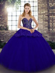 Floor Length Lace Up 15th Birthday Dress Blue for Military Ball and Sweet 16 and Quinceanera with Beading and Appliques