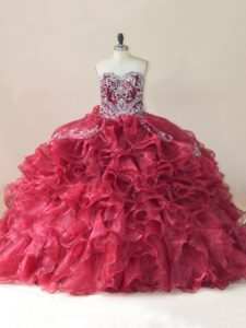 Glittering Wine Red Lace Up Sweet 16 Quinceanera Dress Beading and Appliques and Ruffles Sleeveless Brush Train