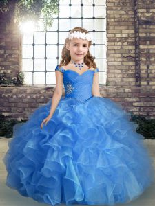 Blue Ball Gowns Straps Sleeveless Organza Floor Length Lace Up Beading and Ruching Little Girl Pageant Gowns