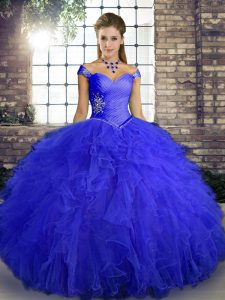 Fantastic Floor Length Royal Blue 15th Birthday Dress Tulle Sleeveless Beading and Ruffles