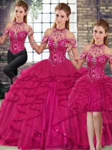 Modern Fuchsia Sleeveless Floor Length Beading and Ruffles Lace Up Quince Ball Gowns